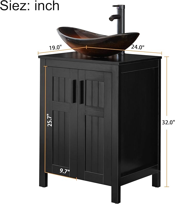 UEV Black 24" Bathroom Vanity with Sink Combo,Modern Sink Cabinet,Stylish Bathroom Vanity Cabinet,Fluted Double Doors,Metal Handles,Modern Brown Boat Tempered Glass Vessel Sink (029BR-NEW)