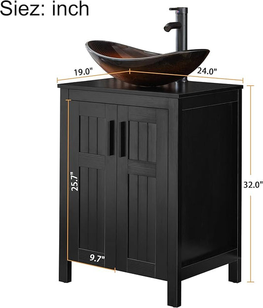 UEV Black 24" Bathroom Vanity with Sink Combo,Modern Sink Cabinet,Stylish Bathroom Vanity Cabinet,Fluted Double Doors,Metal Handles,Modern Brown Boat Tempered Glass Vessel Sink (029BR-NEW)