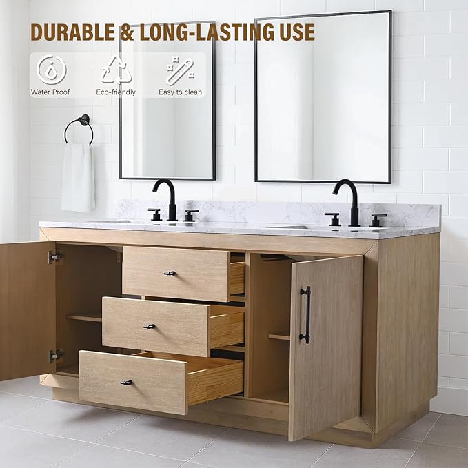 HOMEBEYOND 72 Inch Bathroom Vanity with Double Sink & Ceramic Top, MDF Material Vanity Cabinet with Basin Combo, Soft-Closing Doors, Removable Shelf, Backsplash