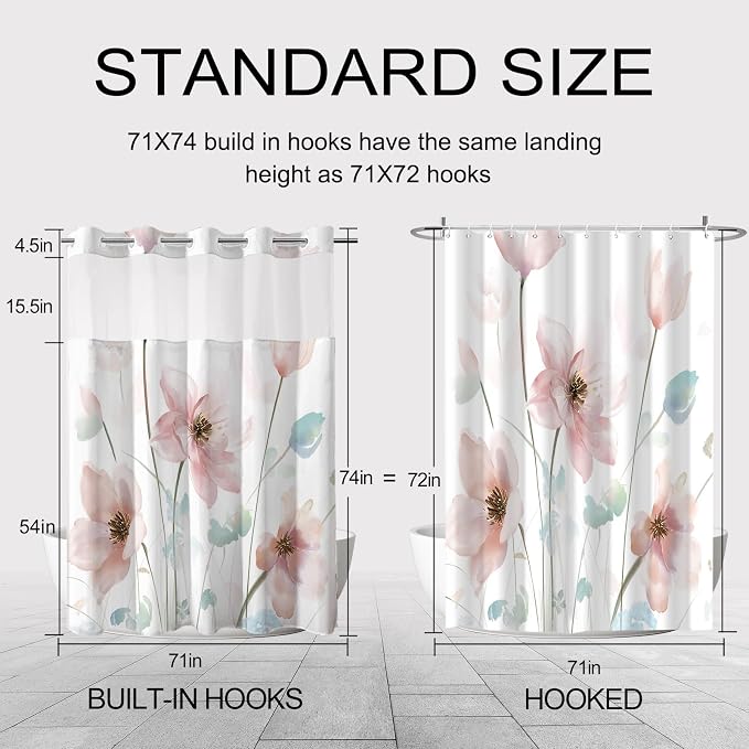 No Hook Shower Curtain and Liner Set, Light Pink Boho Floral 71x74 | Watercolor Boho Flower, with Snap in Liner, Mesh Top Window, Waterproof, Machine Washable, Quick-Drying, for Hotel Bathroom