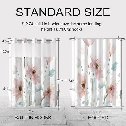 No Hook Shower Curtain and Liner Set, Light Pink Boho Floral 71x74 | Watercolor Boho Flower, with Snap in Liner, Mesh Top Window, Waterproof, Machine Washable, Quick-Drying, for Hotel Bathroom