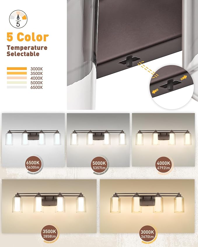 HWH Bathroom Light Fixtures 4 Lights, Clear Glass, 5CCT, 5HLT63B-4W-LED ORB | Dimmable, Oil Rubbed Bronze, 24W, Bathroom Vanity Light Over Mirror, Vanity Lights, Smooth LED Brightness Adjustment