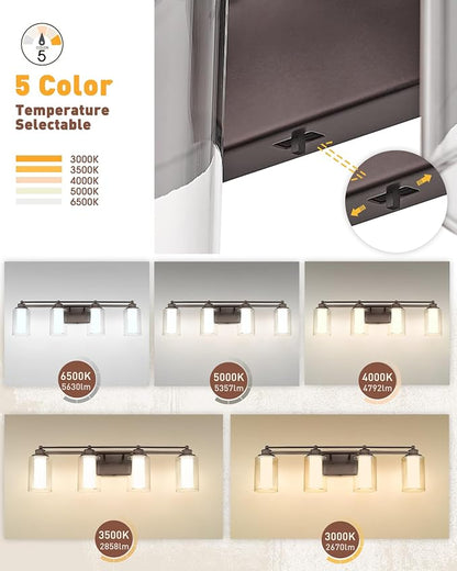 HWH Bathroom Light Fixtures 4 Lights, Clear Glass, 5CCT, 5HLT63B-4W-LED ORB | Dimmable, Oil Rubbed Bronze, 24W, Bathroom Vanity Light Over Mirror, Vanity Lights, Smooth LED Brightness Adjustment