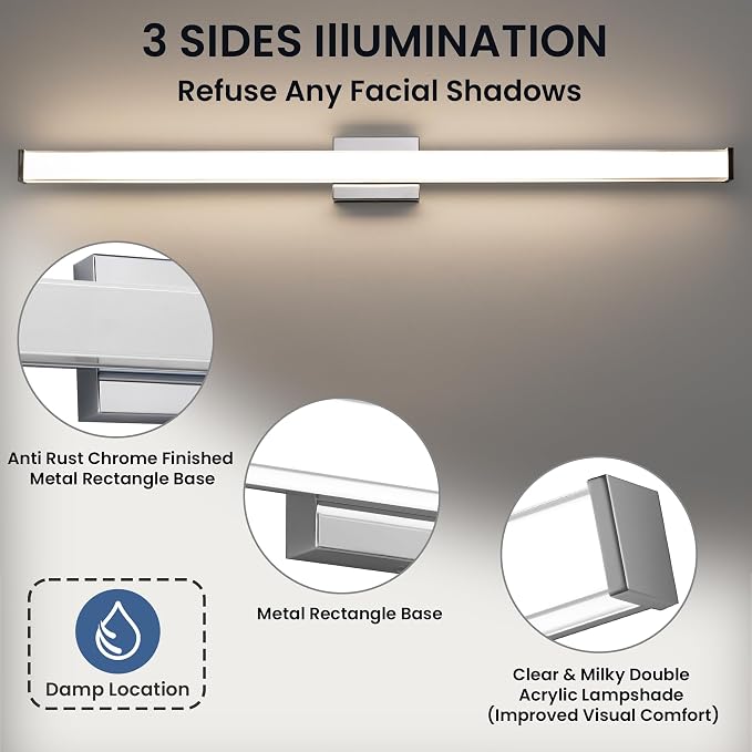 Modern LED Bathroom Vanity Light 48 inch 32W Dimmable 3CCT Bathroom Light Fixture Over Mirror Rectangle Bath Vanity Light Bar with Double Layer Acrylic Shade (Chrome)