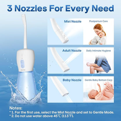 Electric Peri Bottle for Postpartum:3 Nozzles, 3 Modes, Rechargeable | Leak-proof, auto shut-off, 60 uses per charge, one-touch rinsing, spa-like cleansing for all ages
