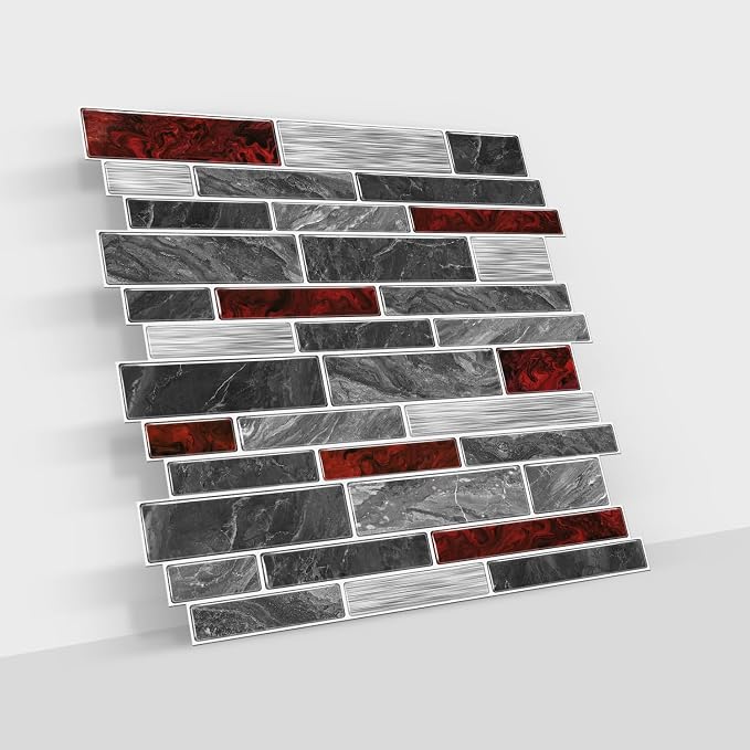 Alwayspon 10 Sheets 12" x12inch Black and Red Marble Effect Vinyl Tiles, Backsplash, Self-Adhesive Peel and Stick Wall Tile Stickers, Stick on Subway Tiles for Kitchen Bathroom Wall Decor