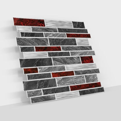 Alwayspon 10 Sheets 12" x12inch Black and Red Marble Effect Vinyl Tiles, Backsplash, Self-Adhesive Peel and Stick Wall Tile Stickers, Stick on Subway Tiles for Kitchen Bathroom Wall Decor
