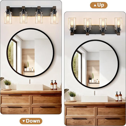 Farmhouse Bathroom Vanity Light Fixtures, Rustic 4-Light Wood Vanity Lights for Bathroom, Vintage Black Wall Sconces Lighting, Light fixtures Over Mirror, with Glass Shade