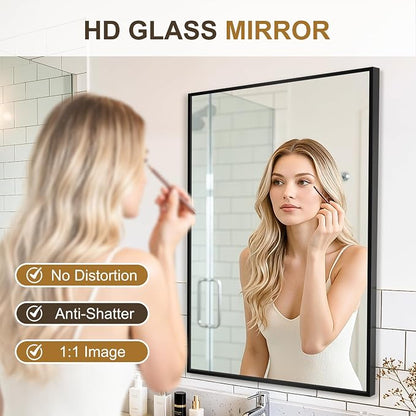 Rectangular Bathroom Mirror, 30"x20" Black Metal Framed Vanity Mirror | HD Shatterproof Wall Mirror, Horizontal or Vertical Hanging, Easy Installation for Bathroom, Bedroom, Living Room, Entryway
