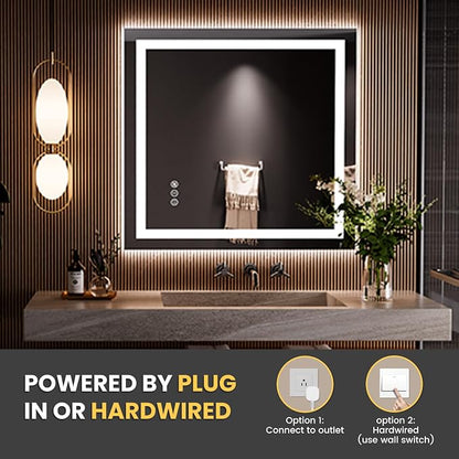 LOAAO 36"x34" LED Bathroom Mirror with Lights, UL Listed | Anti-Fog, Dimmable, 3 Color Temperature, Backlit + Front Lit, Memory Function, Tempered Glass