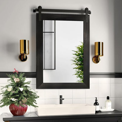 COGOOD Farmhouse Bathroom Mirrors for Over Sink - 30 x 22 Black | Rustic Barn Door Wood Framed Vanity Mirror for Entryway, Living Room, Bedroom, Dresser Wall Decor