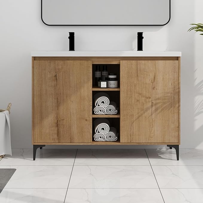 Pvillez 48 inch Double Sink Bathroom Vanity, Freestanding Double Bathroom Vanity with Resin Sink Basin Top, Modern Wood Bathroom Vanity Cabinet with 2 Soft Close Doors & 3 Open Storage Compartments