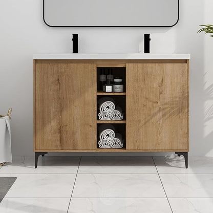 Pvillez 48 inch Double Sink Bathroom Vanity, Freestanding Double Bathroom Vanity with Resin Sink Basin Top, Modern Wood Bathroom Vanity Cabinet with 2 Soft Close Doors & 3 Open Storage Compartments