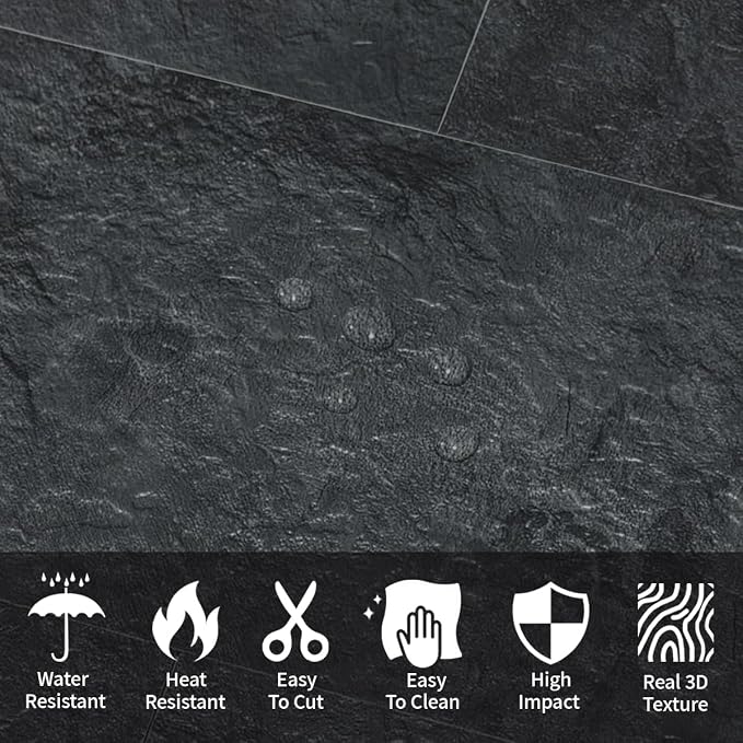 AULIGET 2-Piece Black Slate Peel and Stick Backsplash Wall Tiles, 6" x 12" PVC Faux Stone Stick on Tiles for Backsplash Kitchen, Bathroom, Laundry Room, Camper, Fireplace