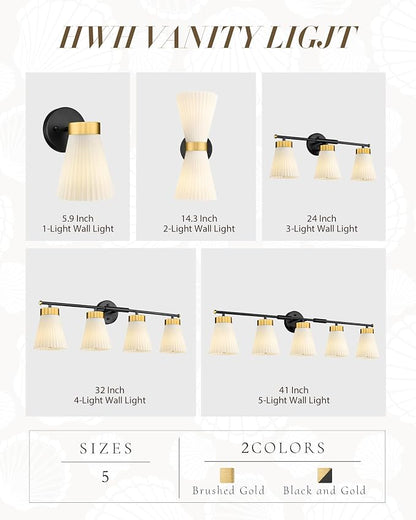 Set of 2 Wall Sconces for Bathroom, HWH 1-Light Bathroom Vanity Light with Frosted Milk White Striped Glass, Indoor Wall Mount Lighting Fixtures, Black and Gold Finish, 5HZG97B-2PK BK+BG