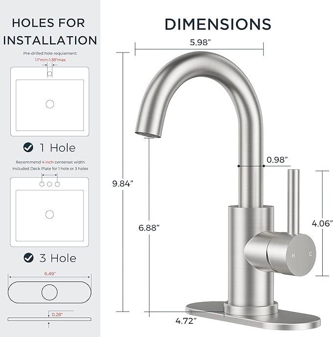 FORIOUS Single Handle Bathroom Sink Faucet 1 or 3 Hole Brushed Nickle, 360° Swivel Gooseneck Spout, Lead-Free, with cUPC Hose and Metal Pop Up Drain, Suitable for Bar Kitchen RV Vanity