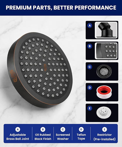GURIN Shower Head - Luxury Oil Rubbed Black Finish - Rain Showerhead 6 Inch | High Pressure Shower Heads with Adjustable Angles, 90 Anti-Clog Nozzles, Tool-Free 1-Min Install