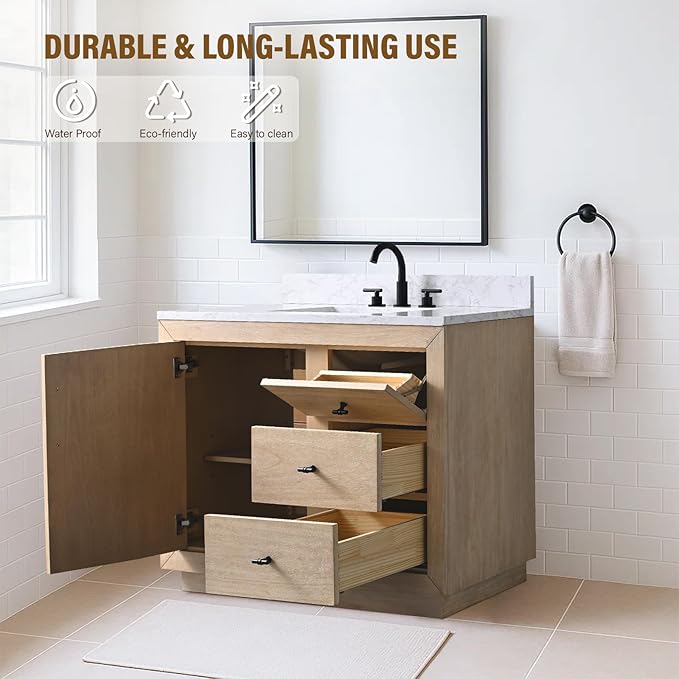 HOMEBEYOND 42 Inch Bathroom Vanity with Single Sink & Ceramic Top, MDF Material Vanity Cabinet with Basin Combo, Soft-Closing Doors, Removable Shelf, Backsplash