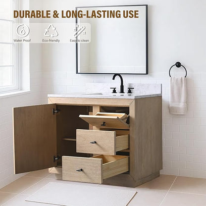 HOMEBEYOND 42 Inch Bathroom Vanity with Single Sink & Ceramic Top, MDF Material Vanity Cabinet with Basin Combo, Soft-Closing Doors, Removable Shelf, Backsplash