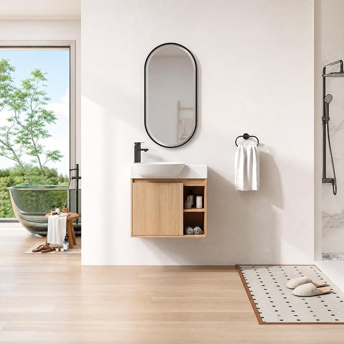 26" Wall Mounted Bathroom Vanity with Sink, Small Vanity, Oak | Integrated Ceramic Sink, Soft-Close Door & 2 Open Storage Shelves, Small Bath Vanity Set, Easy to Clean