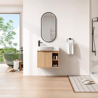 26" Wall Mounted Bathroom Vanity with Sink, Small Vanity, Oak | Integrated Ceramic Sink, Soft-Close Door & 2 Open Storage Shelves, Small Bath Vanity Set, Easy to Clean