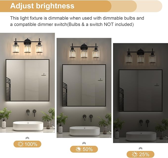 Black 3-Light Crystal Bathroom Vanity Light Fixtures, Round | Vanity Lights for Bathroom, Modern Bathroom Lighting Fixtures over Mirror (Bulbs Not Included, E26)