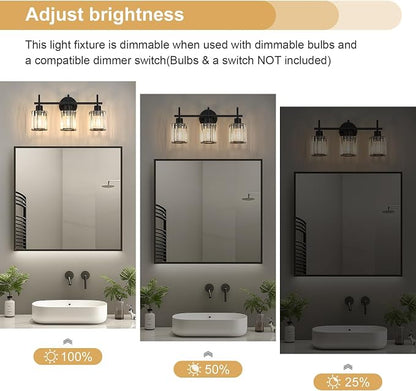 Black 3-Light Crystal Bathroom Vanity Light Fixtures, Round | Vanity Lights for Bathroom, Modern Bathroom Lighting Fixtures over Mirror (Bulbs Not Included, E26)