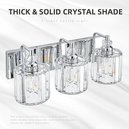 3-Light Modern Bathroom Light Fixture Chrome Bathroom Vanity Lights Over Mirror Wall Sconce Lighting with K9 Crystal Shades E26 Base for Bedroom, Living Room, Hallway, Cabinet Wall Lamp