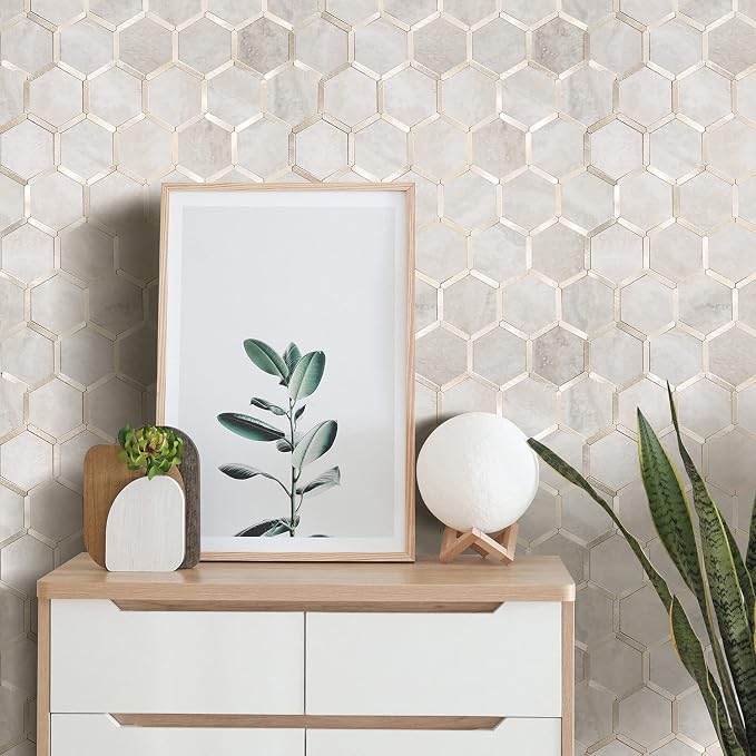 STICKGOO Hexagon Peel and Stick Backsplash Tile, Stick on Backsplash for Kitchen and Bathroom, Beige Marble Look PVC Mixed Metal Gold Self Adhesive Wall Tiles(6 Sheets, Seamless)