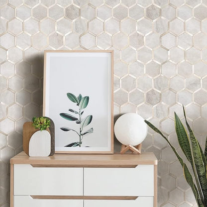 STICKGOO Hexagon Peel and Stick Backsplash Tile, Stick on Backsplash for Kitchen and Bathroom, Beige Marble Look PVC Mixed Metal Gold Self Adhesive Wall Tiles(6 Sheets, Seamless)