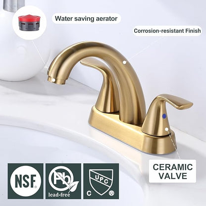 Brushed Gold Bathroom Sink Faucet: ALEASHA 4 Inch Centerset Bathroom Faucet, 2 Handles Washroom Sink Faucets with Pop Up Drain Stopper, RV Lavatory Vanity Faucets with Aesthetic Appeal