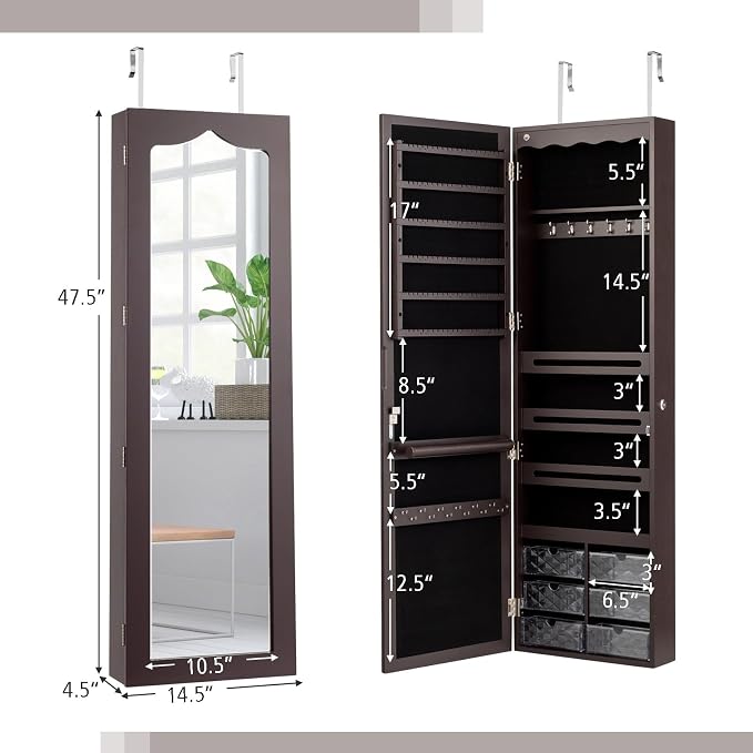 LOKO Lockable Wall-Mounted Mirror Jewelry Cabinet, Tall Jewelry Organizer with 5 LEDs, Large Capacity Jewelry Armoire with Full Length Mirror and 6 Drawers for Women Girls (Brown)