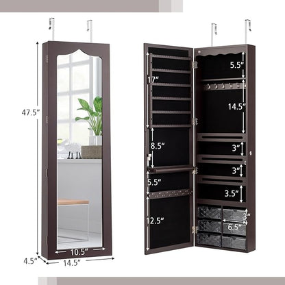 LOKO Lockable Wall-Mounted Mirror Jewelry Cabinet, Tall Jewelry Organizer with 5 LEDs, Large Capacity Jewelry Armoire with Full Length Mirror and 6 Drawers for Women Girls (Brown)