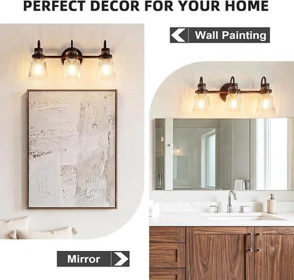 3-Light Bathroom Vanity Light, Farmhouse Bathroom Light Fixture with Clear Striped Glass Shade, 18.8 Inch Oil Rubbed Bronze Wall Sconce Lighting Over Mirror for Bedroom Hallway Cabinet