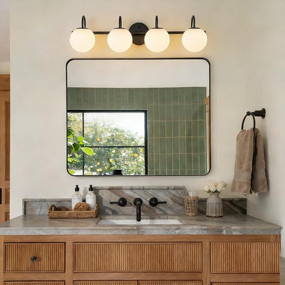 Globe Vanity Light, 31" Modern Gold Bathroom Light Fixtures Mid-Century Milk Glass Vanity Light 4-Light Wall Sconce Black | Mid-Century Milk Glass Vanity Light, Wall Sconce for Bathroom Hallway, Ceramic E12 Base, Dimmable, Up/Down Mounting Design