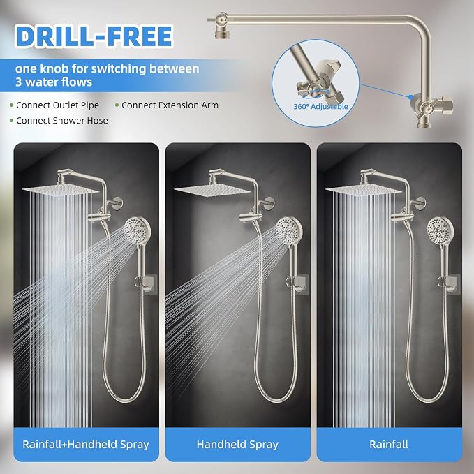 8" Metal Rainfall Shower Head with 10-Mode Handheld, Brushed Nickel | NSF/ANSI/CAN 372 Certified, High Pressure Showerhead Combo with 11" Adjustable Shower Arm, 71" Hose, Shower Head Holder