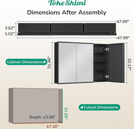 TokeShimi 48 x 32 Medicine Cabinet Recessed, Assembly Required, Lagre Medicine Cabinet Bathroom Mirror with Storage, Stepless Adjustable Shelves, Beveled Aluminum Frame, Tempered Glass