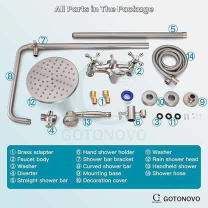 gotonovo Exposed Shower Faucet Set 8 Inch Rainfall Showerhead 3-Function Shower Fixture with Tub Spout 2 Corss Handles Shower System, Brushed Nickel