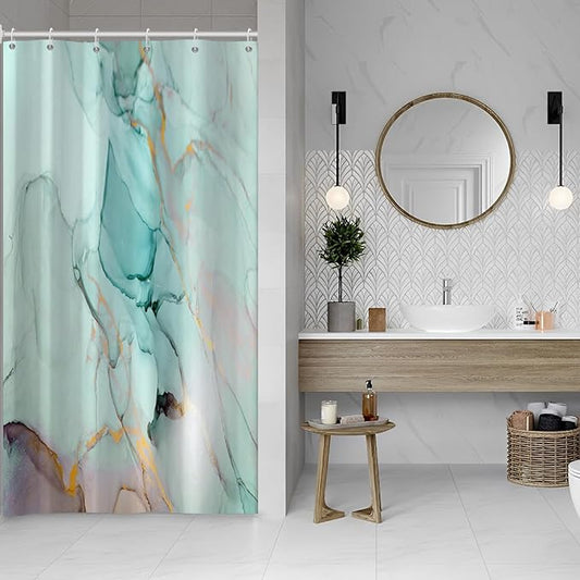 Turquoise Shower Curtain, Modern Teal Marble Shower Curtain for Bathroom Aesthetic Ink Texture Waterproof Shower Curtain Set with Hooks, 48x72 Inch
