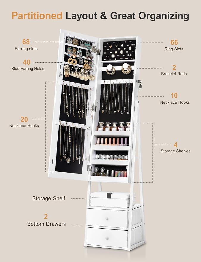 Nicetree Jewelry Cabinet Armoire, 2 Drawers, Full Length Mirror, Pure White | Standing Mirror Jewelry Cabinet, Lockable Jewelry Armoire with Mirror, Adjustable Angles, Easy Assembly, Gift Idea, HD Glass