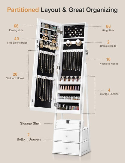 Nicetree Jewelry Cabinet Armoire, 2 Drawers, Full Length Mirror, Pure White | Standing Mirror Jewelry Cabinet, Lockable Jewelry Armoire with Mirror, Adjustable Angles, Easy Assembly, Gift Idea, HD Glass