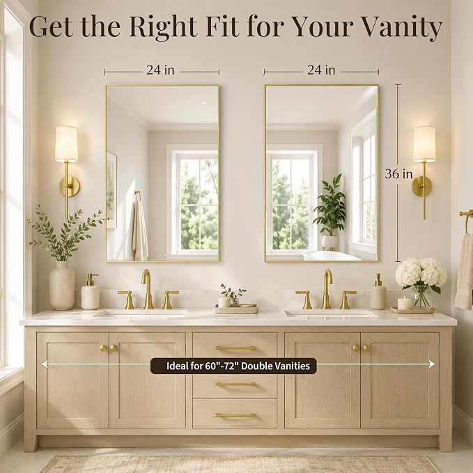 2-Pack 24"x36" Satin Gold Framed Bathroom Vanity Wall Mirrors | Taller Vanity Pair, Balanced Twin-Sink Look, Matching Finish Across Rooms, Vertical/Horizontal Hanging, Tempered Glass