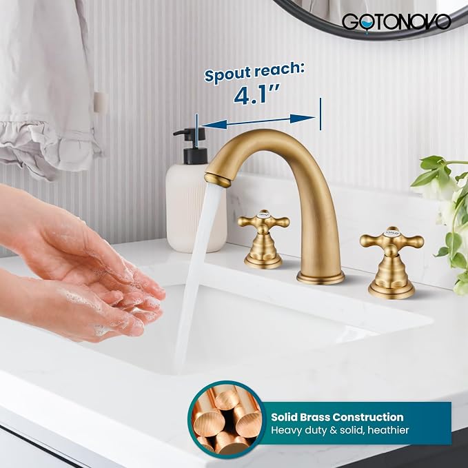gotonovo Widespread Bathroom Sink Faucet 3 Hole Antique Brass,H&C Label | Vintage 8’’ Bathroom Faucet,2 Cross Handle,6-16’’ Sink,Vanity,RV,Farmhouse,SUS304,24’’ cUPC Hose,Pop Up Drain,Deck Mount