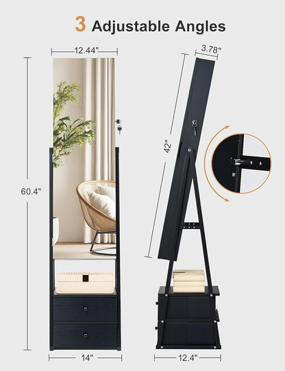 Nicetree Jewelry Cabinet Armoire, 2 Drawers, Full Length Mirror, Black | Standing Mirror Jewelry Cabinet, Lockable Jewelry Armoire with Mirror, Adjustable Angles, Easy Assembly, Gift Idea, HD Glass