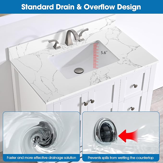 36 Inch Engineered Stone Bathroom Vanity Sink Top, with Undermount Rectangular Middle Sink, Vanity Countertop with 8 inch Faucet Hole Spacing and Backsplash in Lightning White