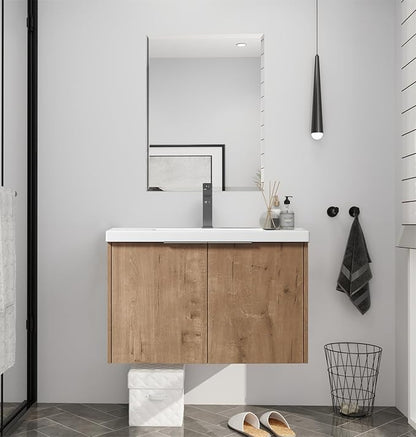 Wall Mount 30 Inch Bathroom Vanity W/Sink Combo for Small Space, Modern Design Vanity Cabinet Gel Basin Countertop, Float Mounting Design Cabinet Set with Soft Close Doors (Oak, 29.5''x18.3''x19.3'')