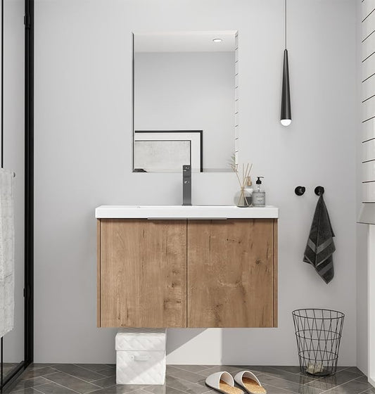 Wall Mount 30 Inch Bathroom Vanity W/Sink Combo for Small Space, Modern Design Vanity Cabinet Gel Basin Countertop, Float Mounting Design Cabinet Set with Soft Close Doors (Oak, 29.5''x18.3''x19.3'')