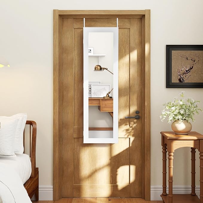 COSTWAY Full Length Mirror Jewelry Cabinet, Wall Door Mounted with Makeup Mirror, Ring Slots & Necklace Hooks, Large Storage Jewelry Armoire for Bedroom, Dressing Room (White)