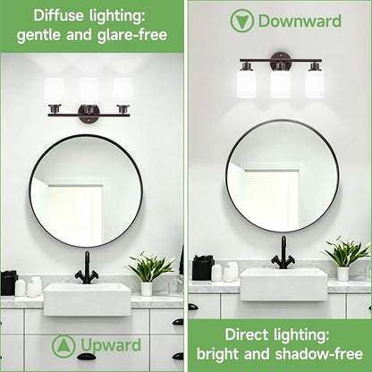 3-Light Bathroom Light Fixtures, Vanity Lights for Mirror with Textured Milky White Glass Shade, Modern Kitchen Light Fixtures Wall Sconce Light - E26 Base - Oil-Rubbed Bronze
