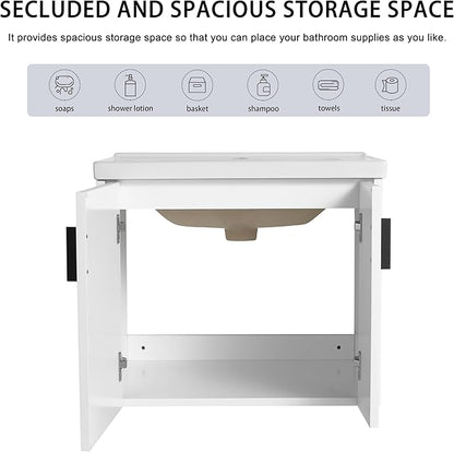 28 Inch Bathroom Vanity with Sink, 28" Floating Vanity with White Glossy Ceramic Sink, Plywood Wooden Bathroom Cabinet with Soft-Close Doors, Modern Wall Mounted Cabinet Set (White)